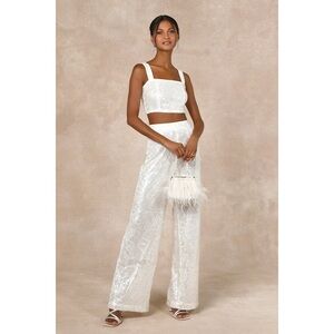 Lulus Divine Presence White Sequin Sleeveless Two-piece Jumpsuit - Size S